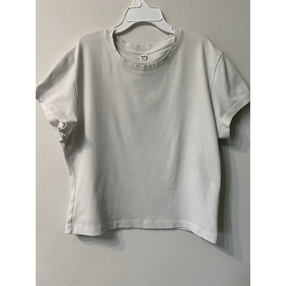 UNIQLO Girls Ribbed Cropped Short Sleeve T-Shirt Crew Neck Off White Size L 160